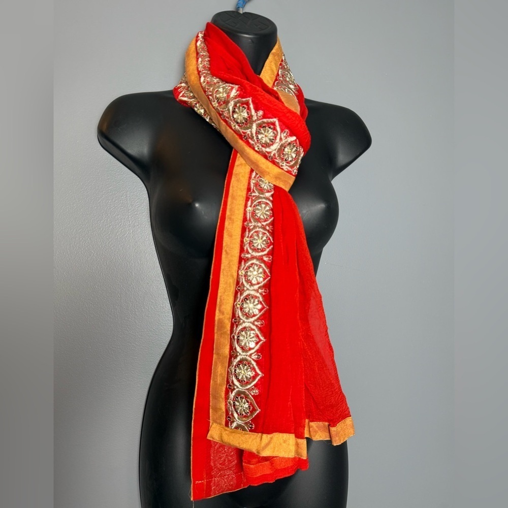 Silk Embroidered Scarf Dupatta 21x78 Sheer, Bold Coloring With Silver Embroidery